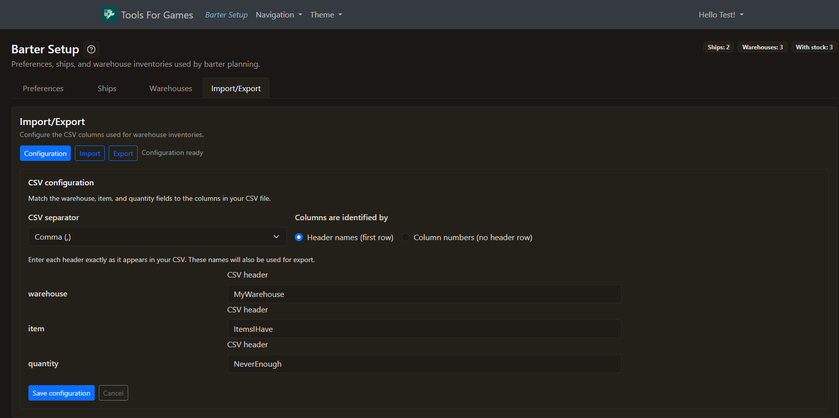 Barter Setup CSV configuration showing the separator, header mapping, and required warehouse, item, and quantity fields