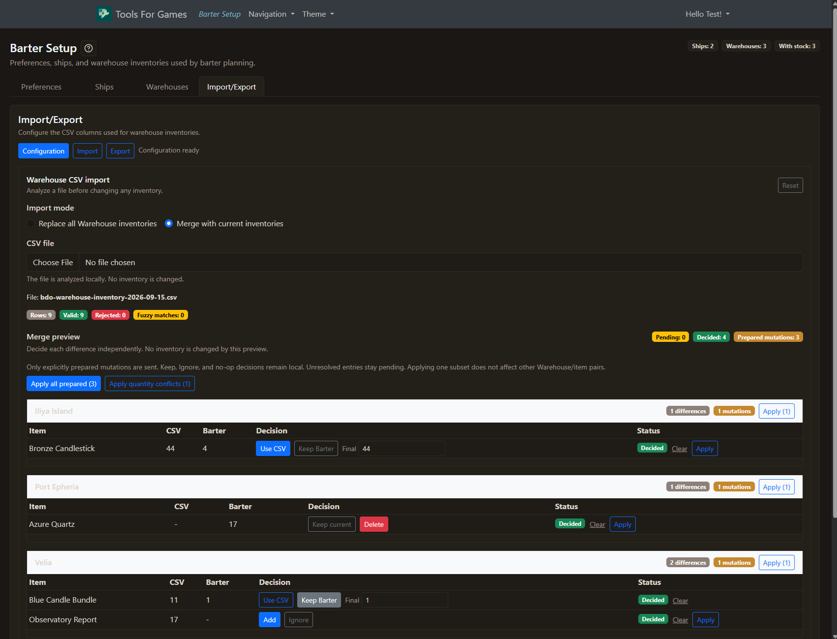 Warehouse CSV Merge preview showing CSV and current quantities with decisions to keep, delete, add, or use a selected quantity